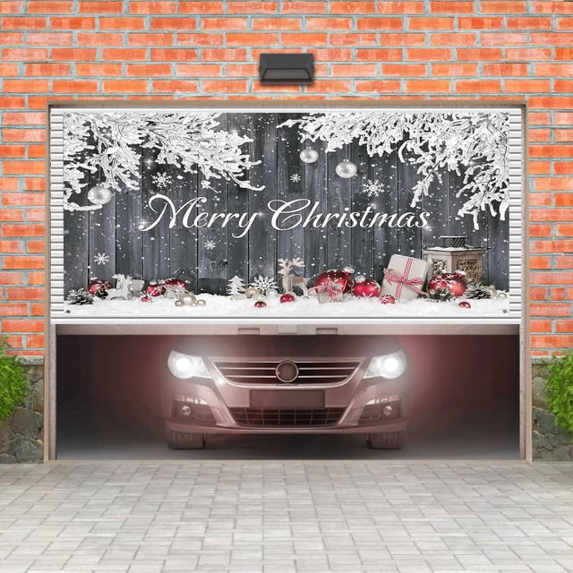 Large Snowflake Christmas Garage Door Cover 488x213cm, Heavyweight Polyester Background Decor with Rope