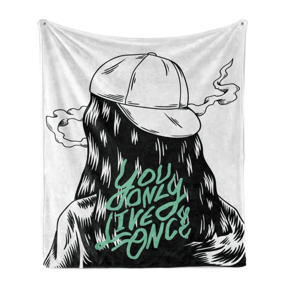 YOLO Soft Flannel Fleece Throw Blanket, Girl with a Backwards Hat Young Life Motto You Only Live Once, Cozy Plush for Indoor and Outdoor Use, 50" x 70", Sea Green White, by Ambesonne