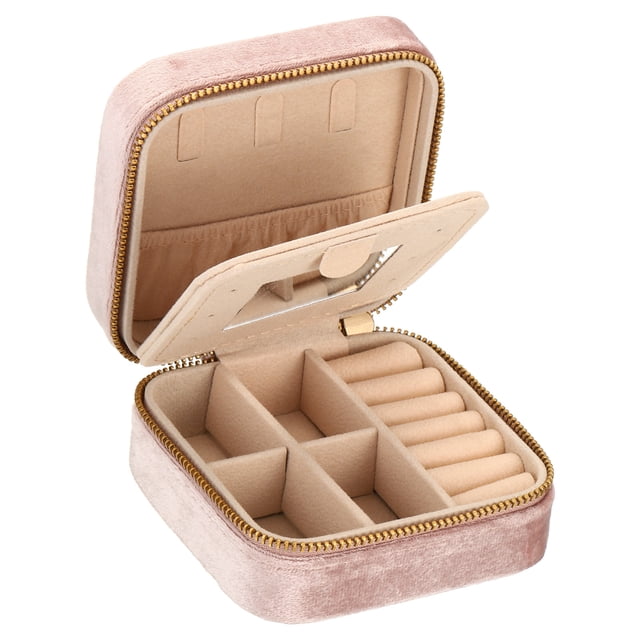 Unique Bargains Travel Jewelry Case, Small Jewelry Organizer Portable Mini Jewelry Box with Mirror Square Style 2, Pink