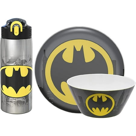 

DC Comics Dinnerware 3 Piece Set Includes Plate Bowl and Water Bottle Non-BPA Made of Durable Material and Perfect for Fans (18/8 Stainless Steel Batman)