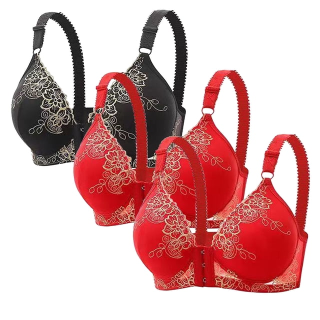 DecSea 3PC Women's Large Lace Breathable Front Opening Bra Wrapped Up Cup Side Fold Breast Lift Bra
