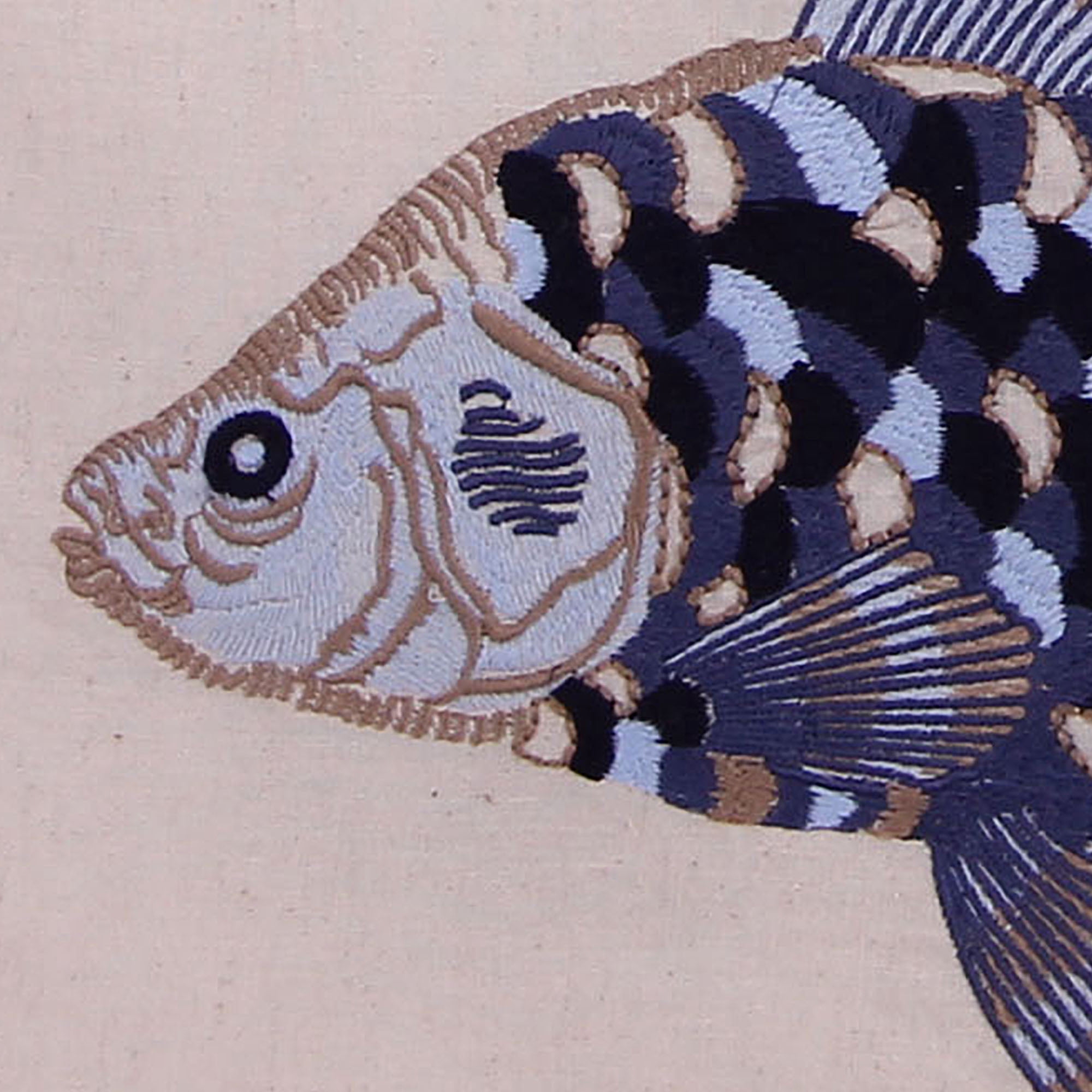 Jordan Manufacturing 20" x 14" Blue, Black and Natural Fish Nautical Rectangular Reversible Lumbar Throw Pillow with Scallop Edge and Embroidery Accent