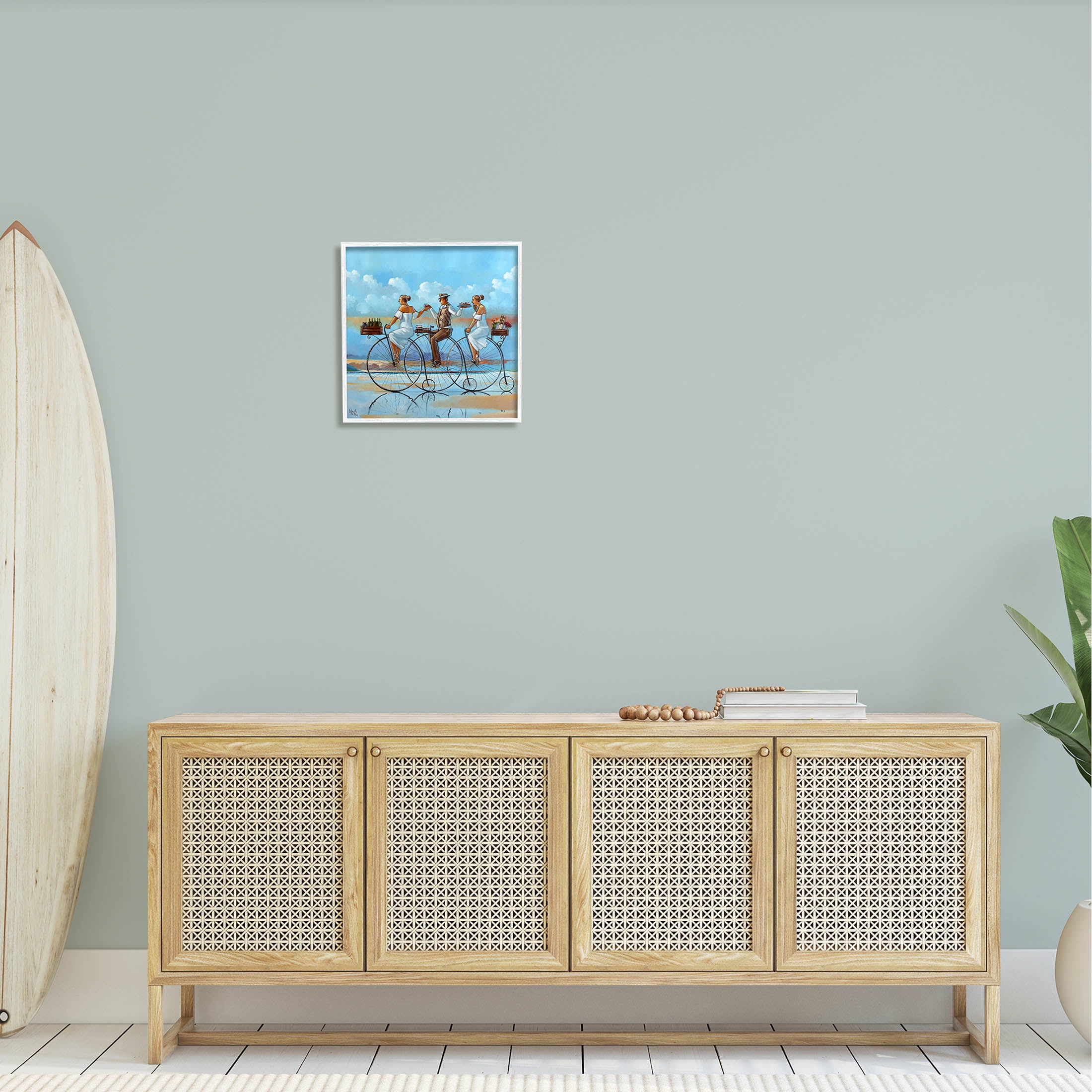 Summer Shore Bicycle Ride Coastal Painting White Framed Art Print Wall Art