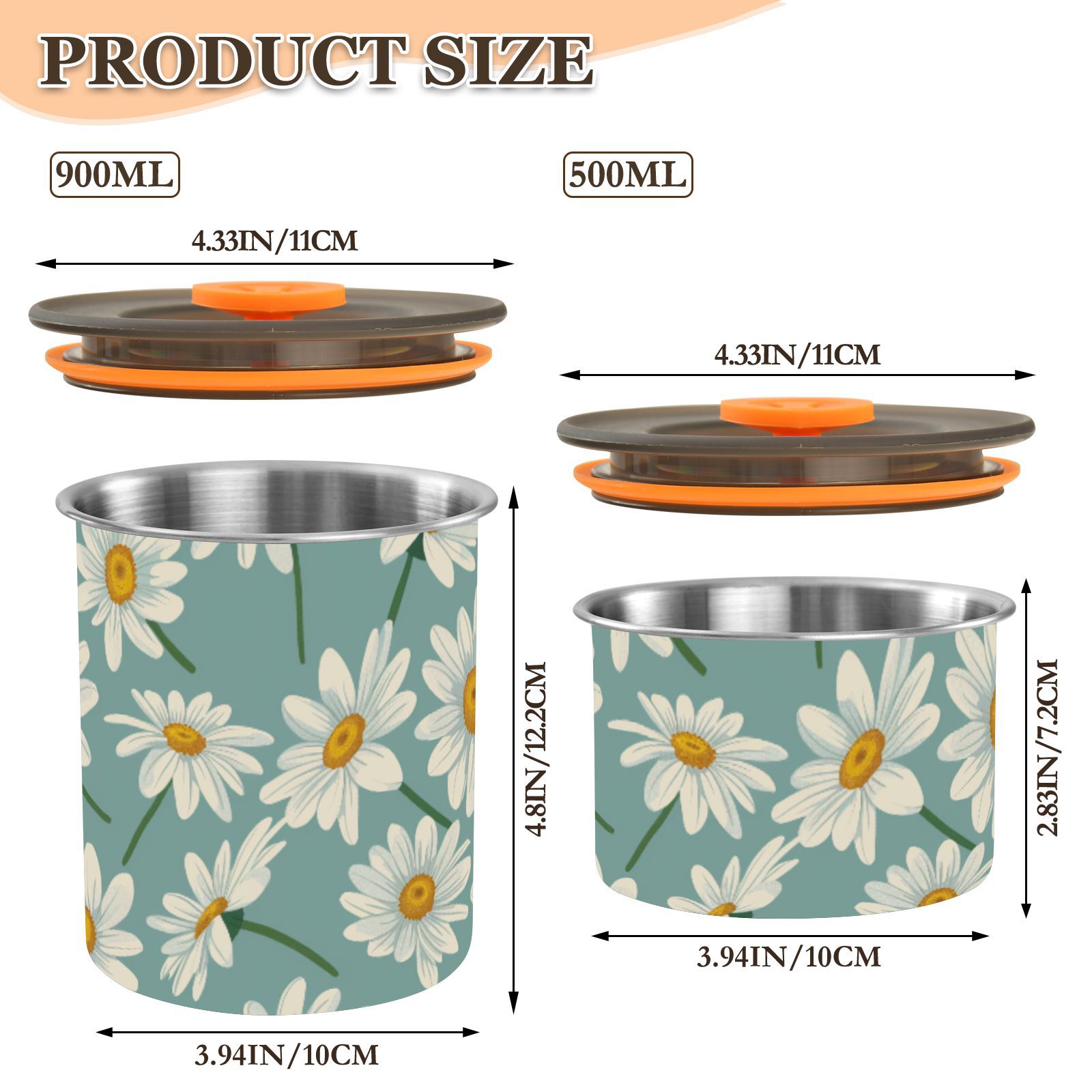 Daisy Flower Airtight Coffee Bean Canister 30oz Food Storage Containers with Lids For Gournd, Tea, Sugar, Flour, Rice, Cereal, Candy Cookie Jar