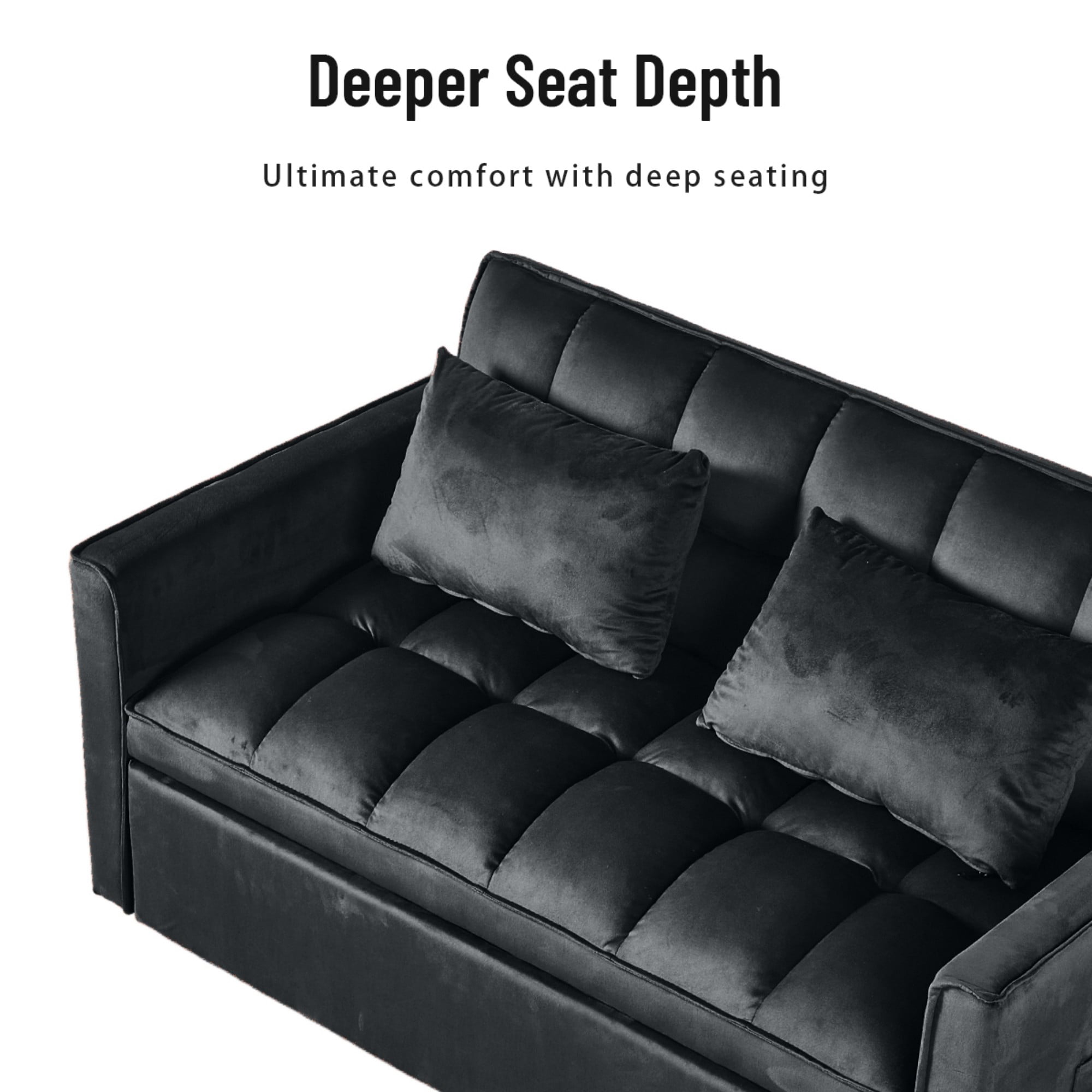 BSHTI 51.1" Pull-Out Sleeper Sofa Bed, Twin-Size Fold Out Sleeper, With 3 Angles Backrest Reclined, Velvet Upholstery, Side Storage Pocket and Two Pillows, Black