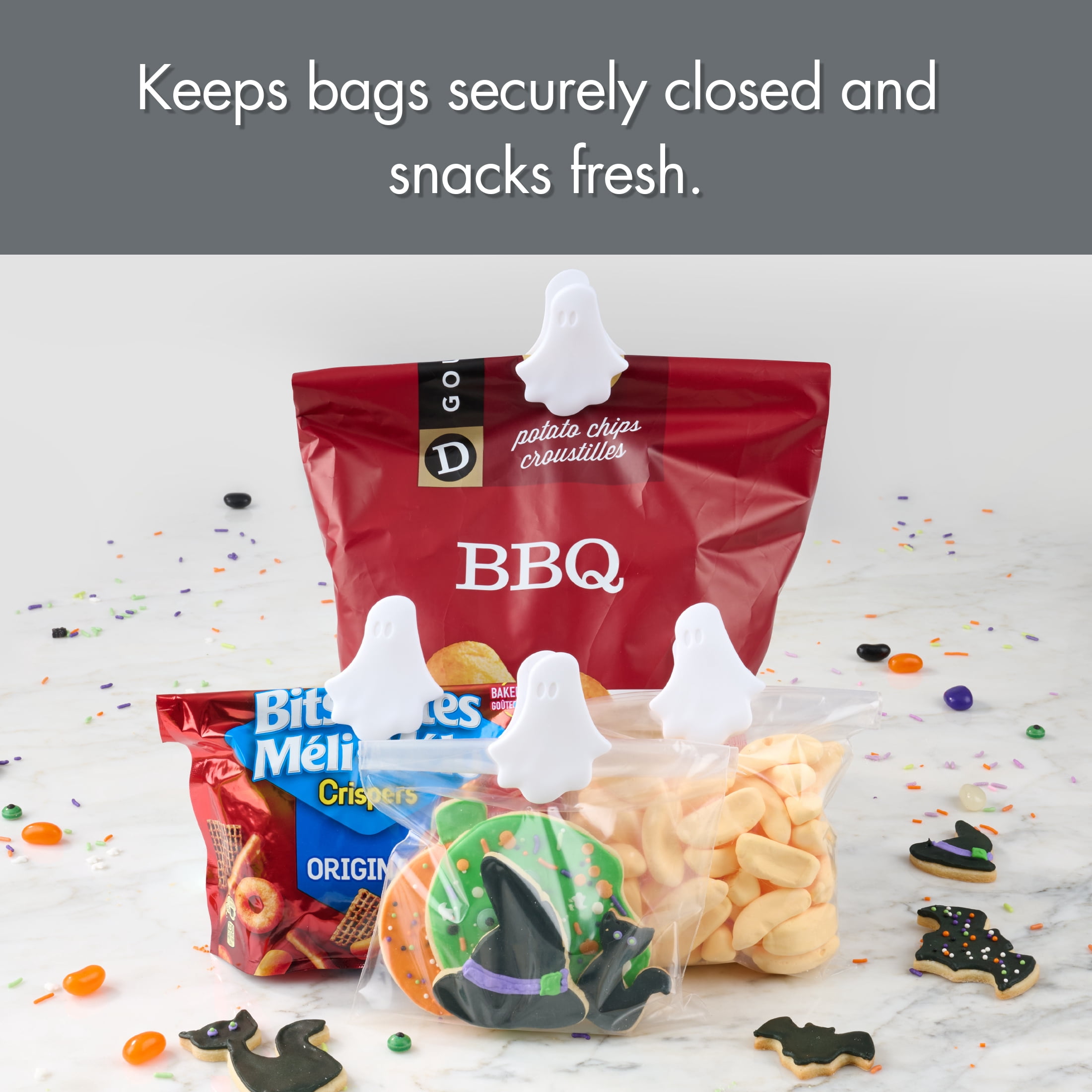 Way To Celebrate 4-Piece Ghost Bag Clips, White, Halloween Kitchen Accessories
