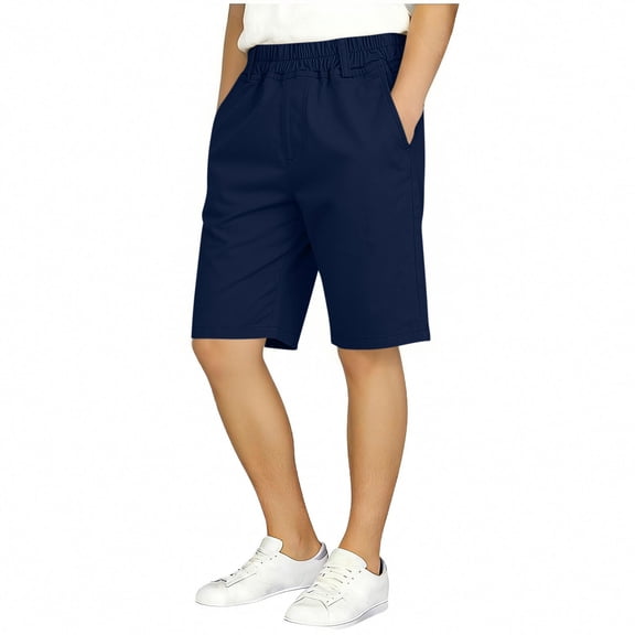 ITSAME Boys Shorts, School Uniform Elastic Waist Cotton Kids Casual Loose Shorts with Pockets Dark Blue 9-10T