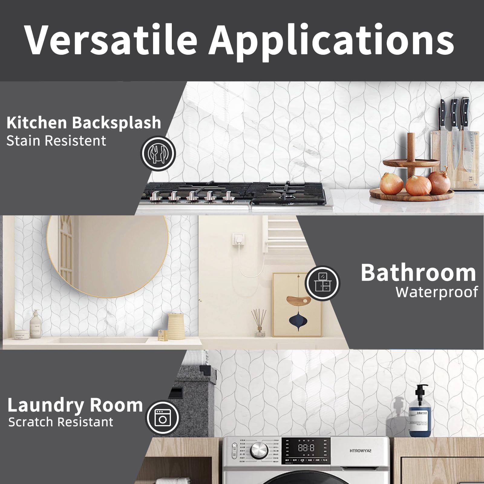 10-sheet Peel And Stick Backsplash Tile For Kitchen  Self-adhesive Mosaic Glossy Leaf On Wall With Gaps (calacatta White)