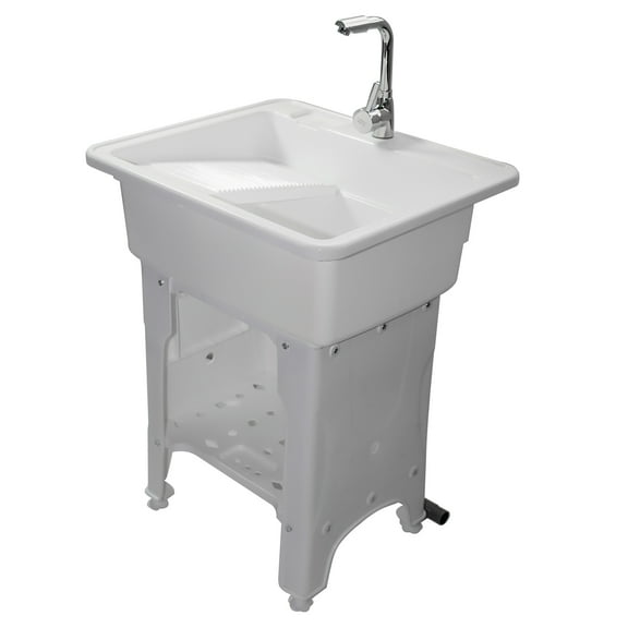 Freestanding Plastic Utility Sink Laundry Tub outdoor sink Drop in Deep sink kit with Inlet and Drain Pipe with Hot&Cold Faucet,Basement for Laundry Room&Garage or Shop,Size:31.5*22.05*31.5in(white)