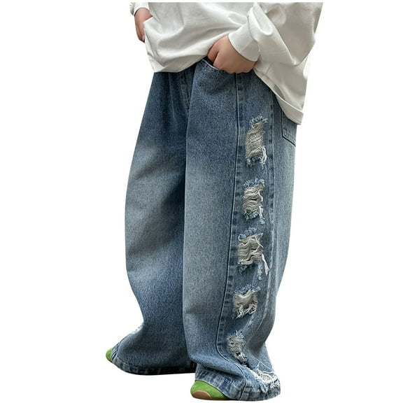breaise Kids Boys Elastic Waist Ripped Jeans Washed Denim Wide Leg Ripped Denim Jean Age 2-14 Years