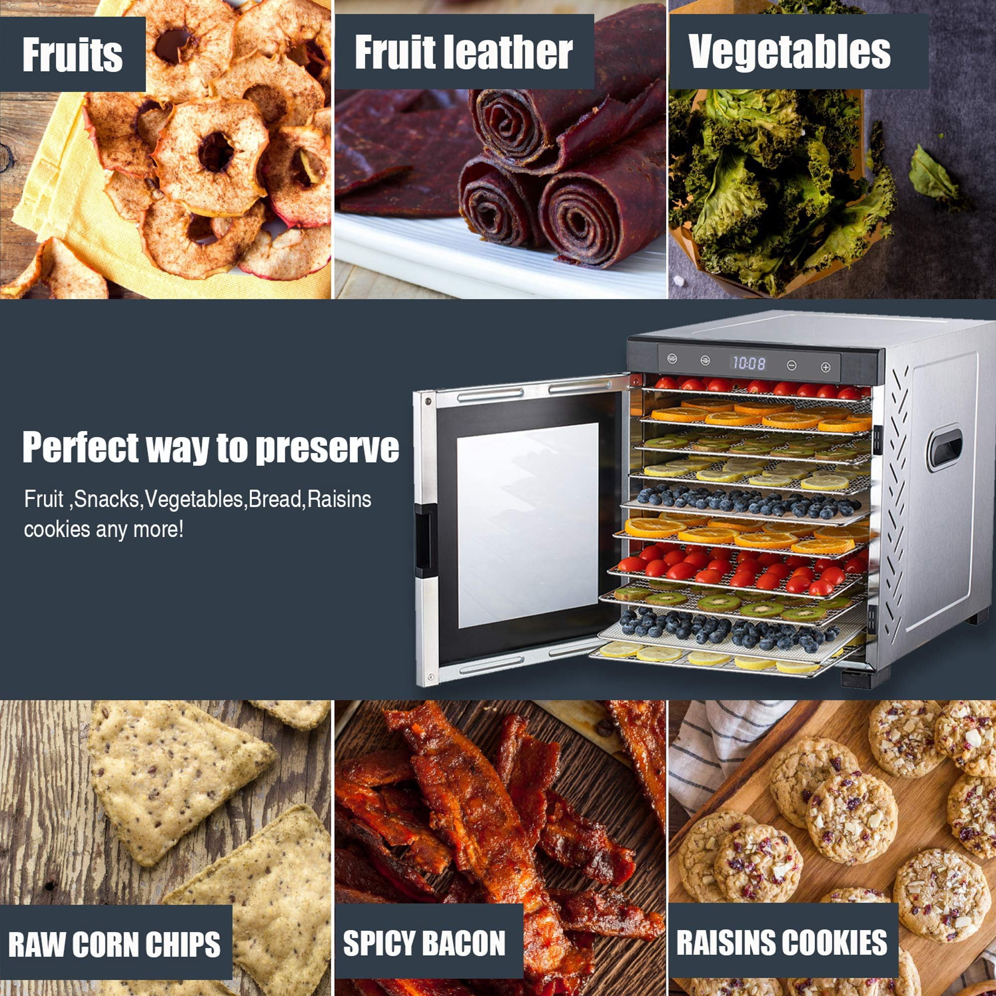 FOHERE Food Dehydrator 1000W 10 Trays With 9.04ft² Drying Space - Digital Timer Temp Control For Jerky, Fruit, Herbs