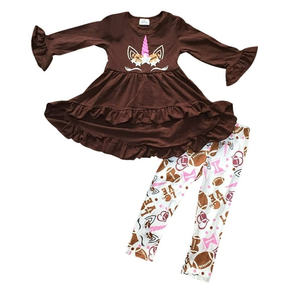 Little Girls' 2 Pieces Dress Pant Set Ruffle Unicorn Baseball Pant Kids Outfit Brown 4 M (P501661P)