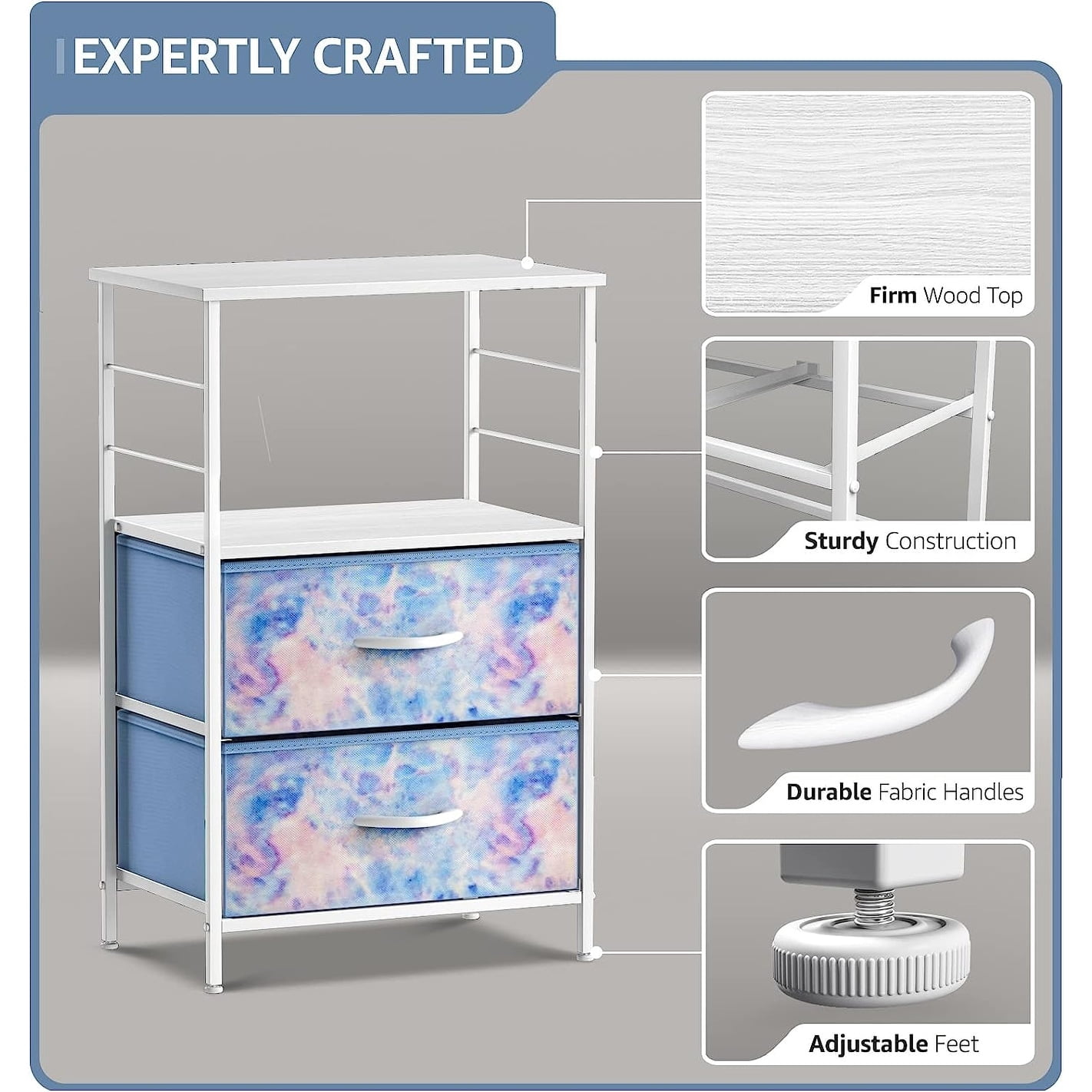 Sorbus Nightstand 2-Drawer Storage Dresser - Kids, Teens Boys & Girls Bedrrom Furniture, Accent End Table Chest, College Dorm, Steel Frame, Wood Shelf & Top, Fabric Bins (Tie-dye Blue)