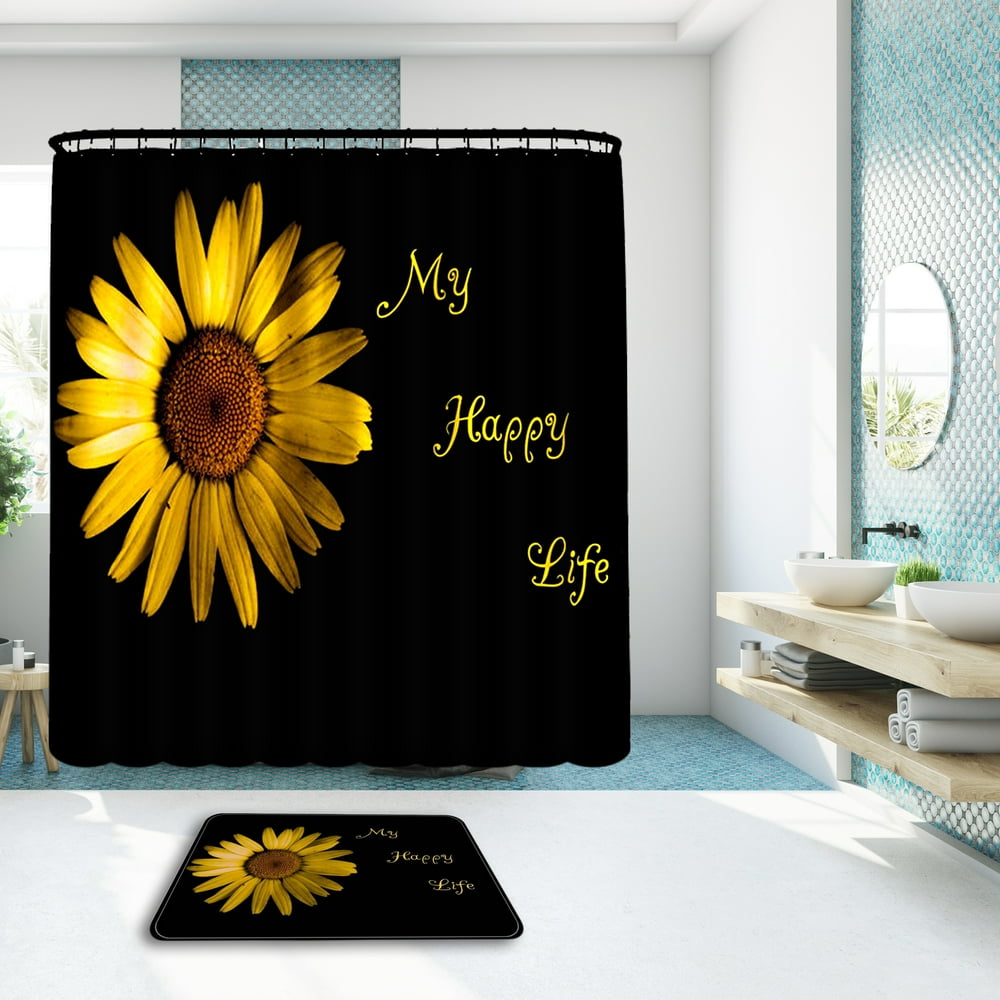 My Happy Life Sunflower Shower Curtain Set w/ Memory Foam Carpet, Sunflower Bathroom Set, Floral
