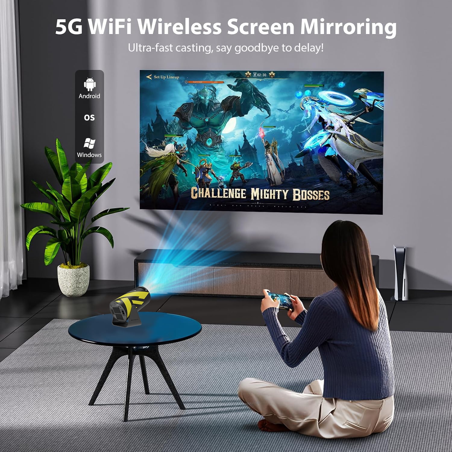 Mini Portable Projector with WiFi 6 and Bluetooth 5.0 Smart Projector 1080P Support Movie Projector 4K Decode Built-in Android 11.0 for Home Theater Compatible for Smartphone/Tablet/Laptop