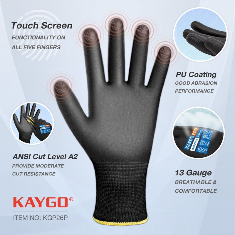 KAYGO Cut Resistant Gloves PU Coated, 12 Pairs, Safety Work Gloves with full fingers Touchscreen(L, Black)