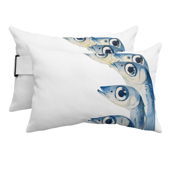 Abstract Blue Ocean Fish Outdoor Pillow for Chaise Lounge Chair,Head RestingPillow with Insert, Watercolor Marine Life Waterproof Lumbar Pillows for Patio Chaise Beach Chair,11"x16" 2 Pack