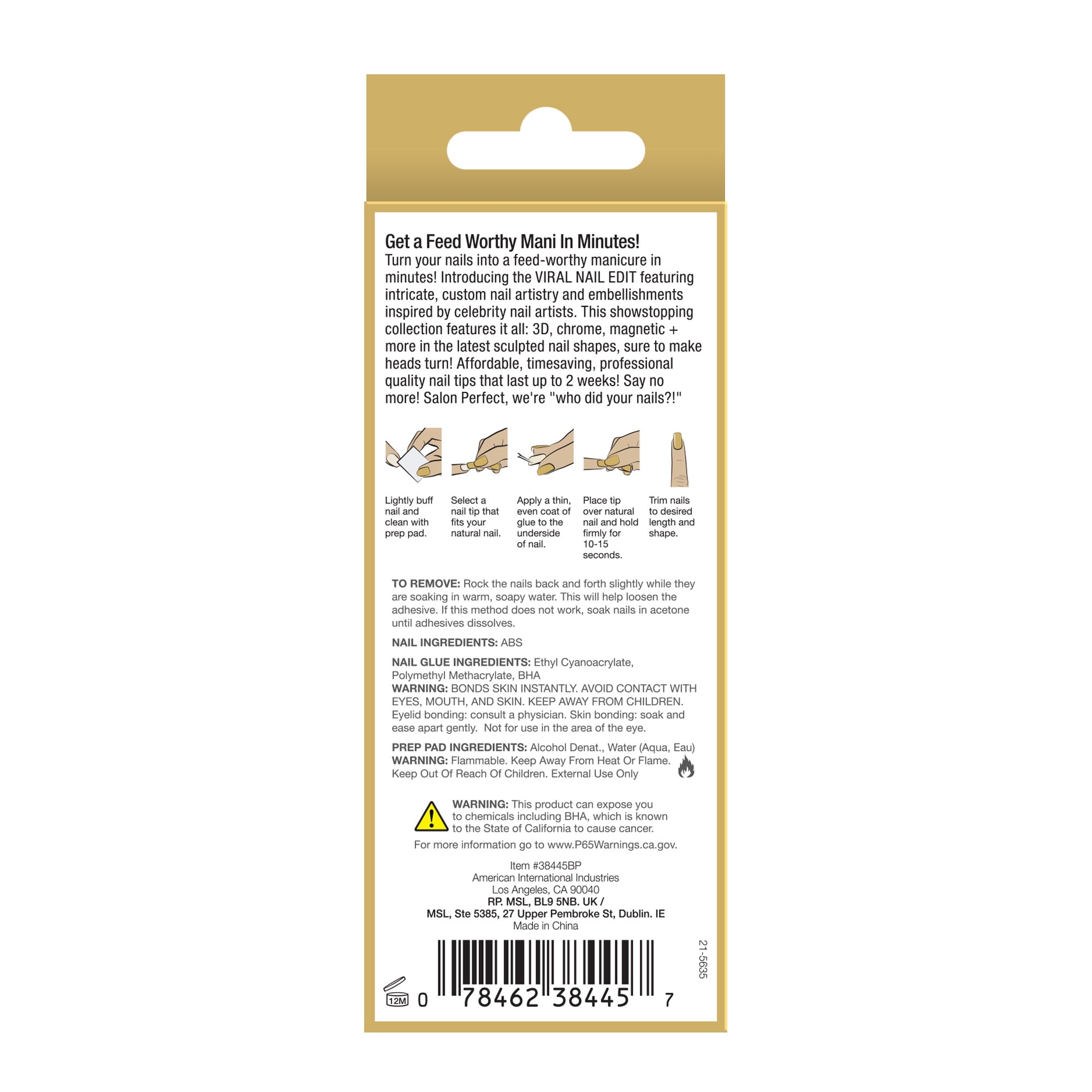 Salon Perfect Artificial Fake Press On Nails, 308 Viral Nail Edit, Gold Cosmic, Medium Almond, File, Glue, and Prep Pad Included, 30 Nails