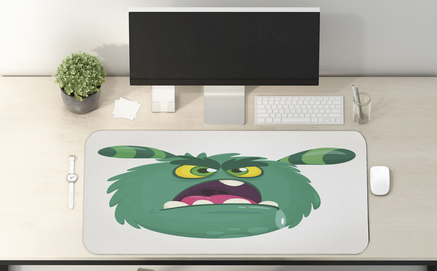 Alien Computer Mouse Pad, Fluffy Monster Angry Face Expression Hungry Big Teeth Cartoon Cartoon, Rectangle Non-Slip Rubber Mousepad X-Large, 35" x 15" Gaming Size, Sea Green Pink, by Ambesonne - image 2 of 2