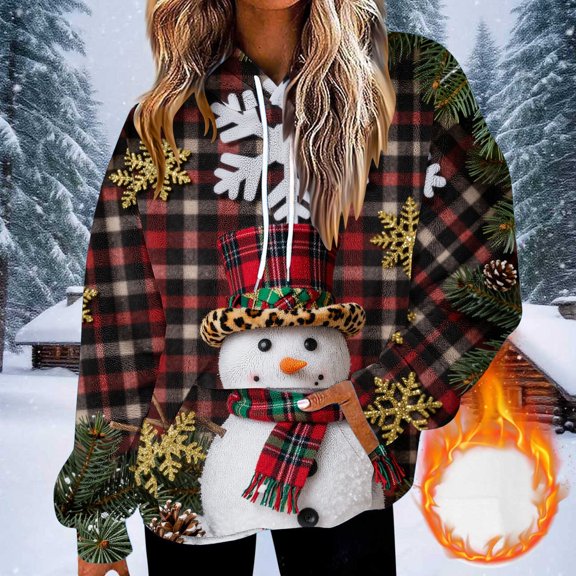 Zynoxe Women's Fleece Sweatshirt Adjustable Drawstring Hoodie for Women Casual Long Sleeve Pullover Sweatshirt Fashionable Print Ugly Christmas Sweatshirt with Kangaroo Pocket S