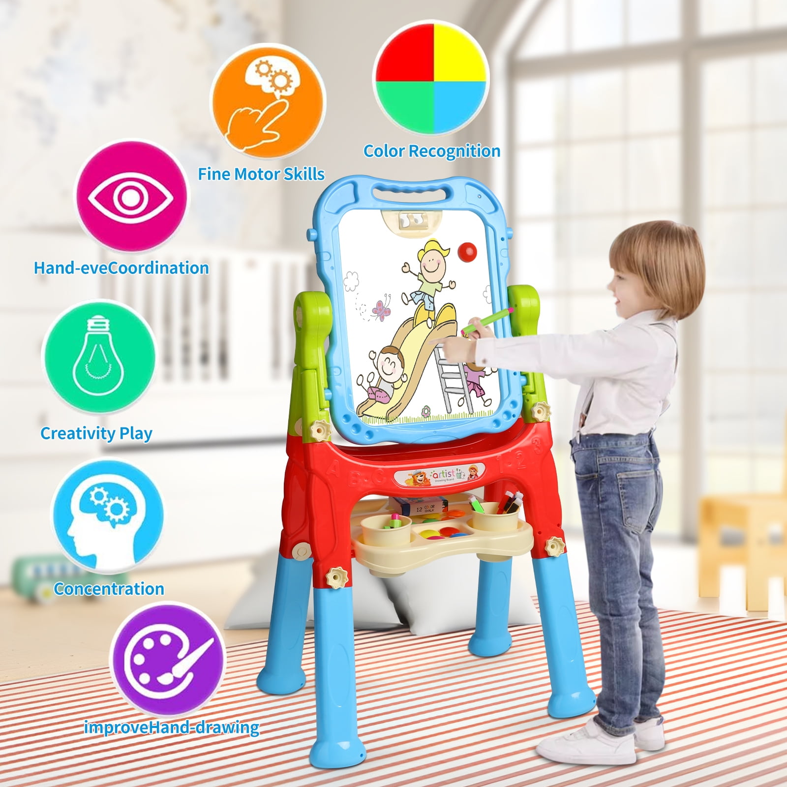 Carsky Double-Sided Kids Art Easel with Chalkboard Magnetic Board, Christmas Birthday Gift for Boys Girls Age 3+