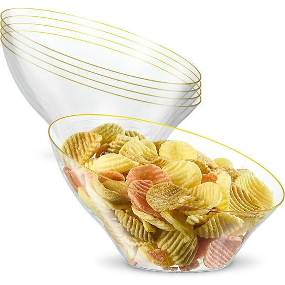PLASTICPRO Angled Clear Plastic Serving Bowls Gold Rim Plasticware Disposable Bowls, 4 pack