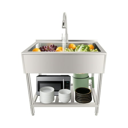 YIYIBUYS 91x59x87cm Free Standing Utility Sink Stainless Steel Restaurant Kitchen Sink Commercial Laundry Sink with Faucet