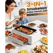 Smokeless Indoor Grill with Removable Pan, Auto Skewers, Hot Dog Roller, Dual Zone & Lid