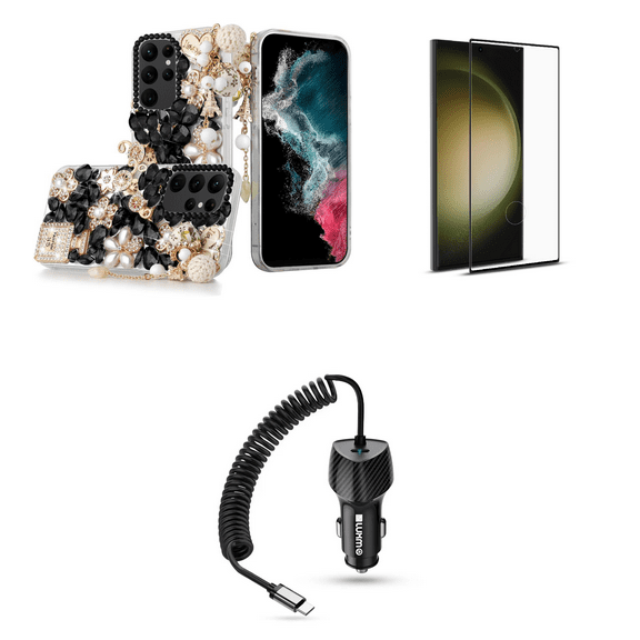 HR Diamond Bling Case for Galaxy S23 Bundle with Glass Screen Protector, 40W USB-C Car Charger (Type-C Port) - 5 Foot - Black Gold Eiffel Tower Charms