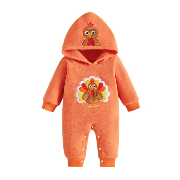 RUINIXCW Newborn Baby Girl Boy Thanksgiving Outfit Infant Girl Boy Fall Winter Clothes Warm Fleece Jumpsuit Turkey Embroidery Long Sleeve Hooded Romper