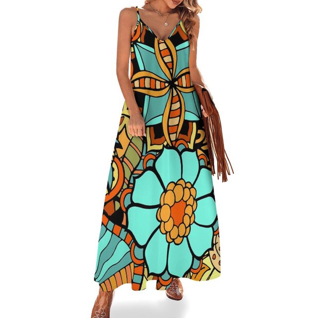 Vestido étnico retro vintage, arte abstracto, bonito vestido largo con tirantes, estilo callejero, bohemio, vestidos largos de primavera con cuello en V, vestidos oversize