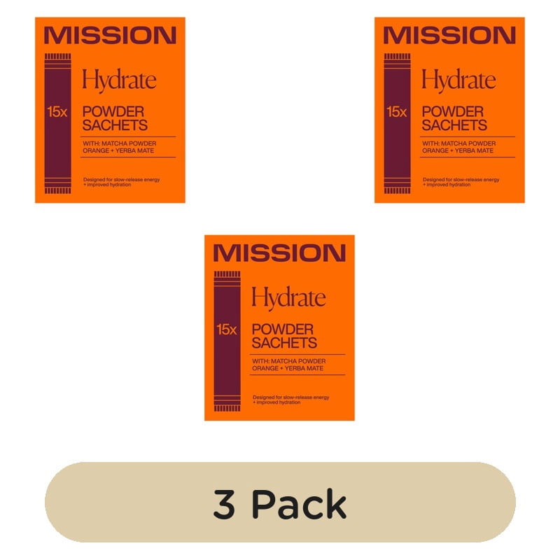 MISSION Hydrate Matcha Powder Sachets with Orange + Yerba Mate 15's, British Import (Pack of 3)
