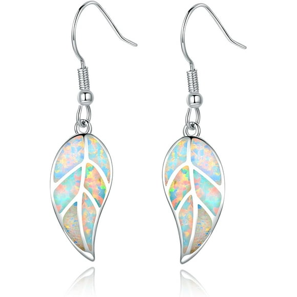 (Silver White Opal)Stainless steel Plated Created White or Green Opal Leaf Drop Dangling Earrings