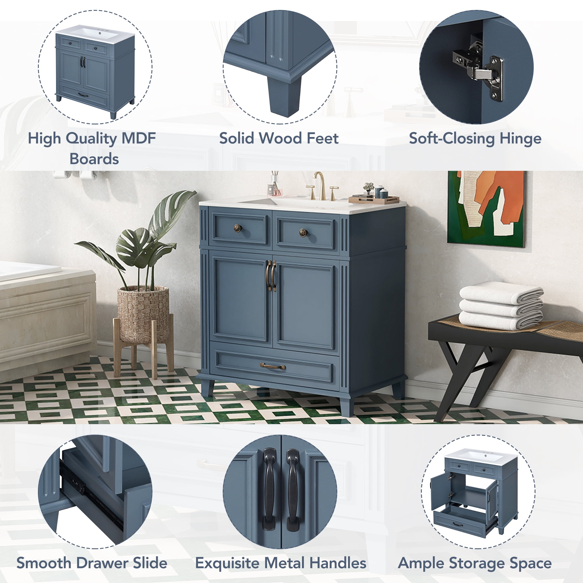 30 Inch Retro Bathroom Vanity with Ceramic Sink Solid Wood Storage Cabinet Soft Closing Doors Blue