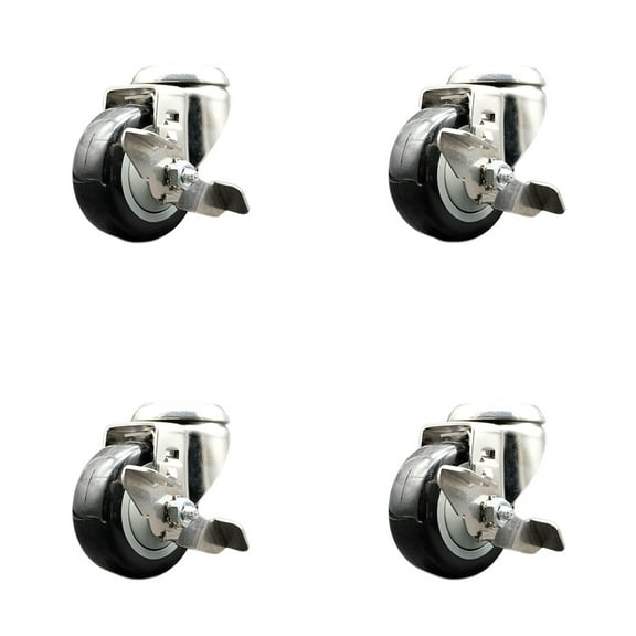 3 Inch 316SS Black Polyurethane Wheel Swivel Bolt Hole Caster Set with Brake SCC
