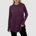 thumbnail image 2 of Summer Tops for Women Casual Solid Color Loose Round Neck Long Sleeve Thumb T Shirt Pullover Top Work Tunic Active 8 Womens Long Sleeve Pack Womens Short Athletic Shirt Satin Purple 3XL, 2 of 6
