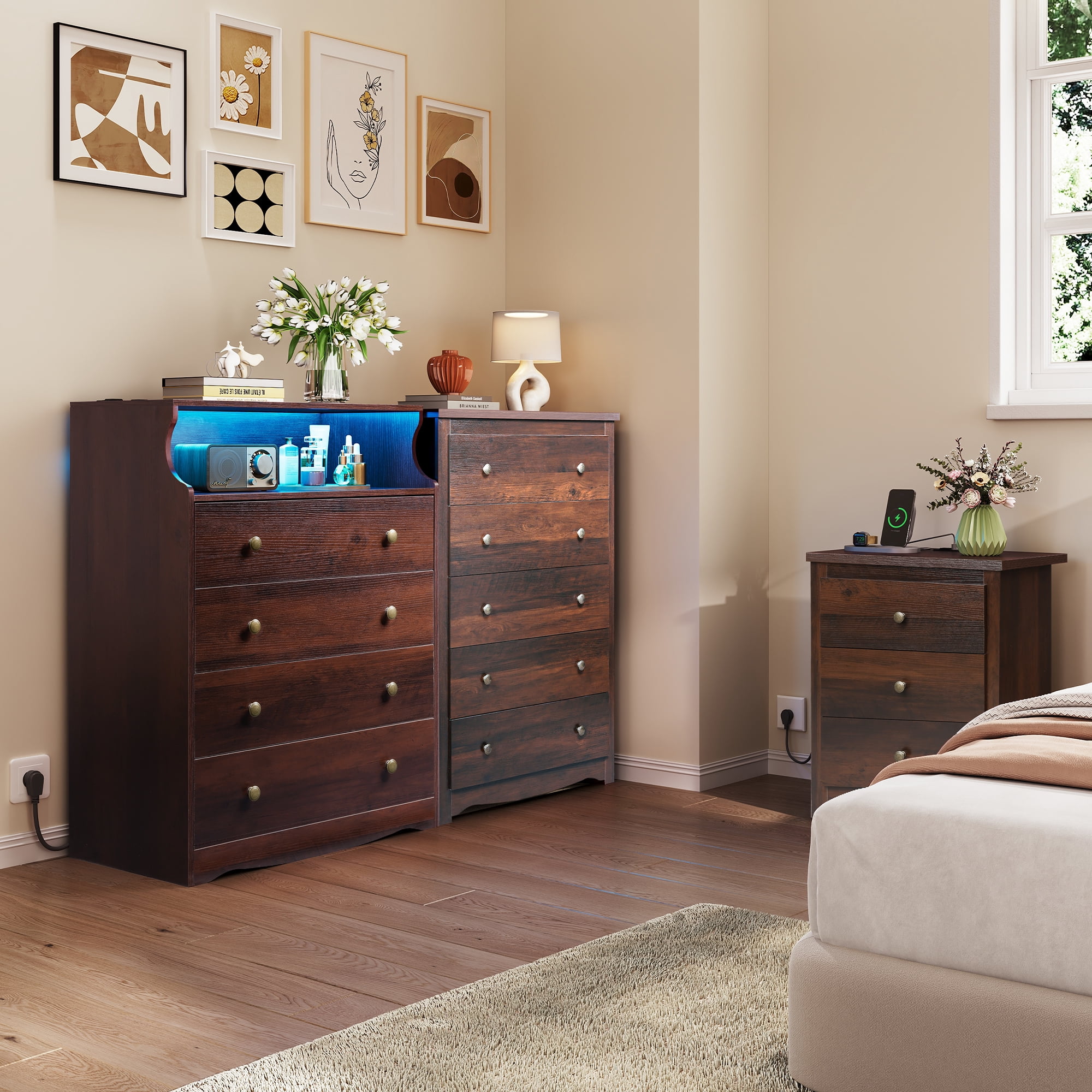 GALAXHERO 5 Drawer Dresser for Bedroom, Retro Wood Chest of Drawers, Tall Dresser with Round Metal Handle for Living Room, Hallway, Closet, Rustic Brown