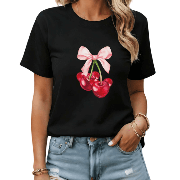 Black Print Tshirt Graphic Tees Cherry Pink Bow Coquette Casual Shirts S-5XL Tops