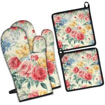 Pioneer Flower Kitchen Oven Mitt and Pot Holder Sets 4 Pcs for Baking, Cooking and Grilling, Heat Resistant Up To 392 °F