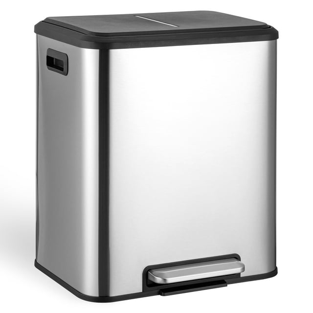 EDTara Dual Recycling and Garbage Bin, 15l x 2 Stainless Steel Kitchen Trash Can With Soft-Close Step Pedal
