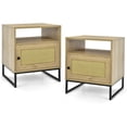 thumbnail image 1 of Gymax Table de Chevet 2 Pcs avec Armoire Table d'Appoint en Bois Bout de Canapé Porte Décorée en Rotin Chêne, 1 of 10