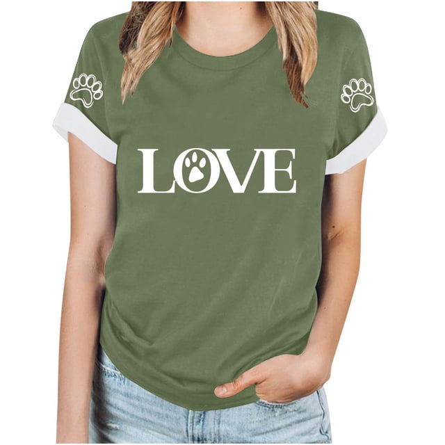 Amzcrzy Hauts pour Femmes Décontractés à Manches Courtes Printemps Été Hauts Tendance Empreinte de Patte d'Amour Hauts de Sortie Confortables Col Rond T-Shirts Basiques