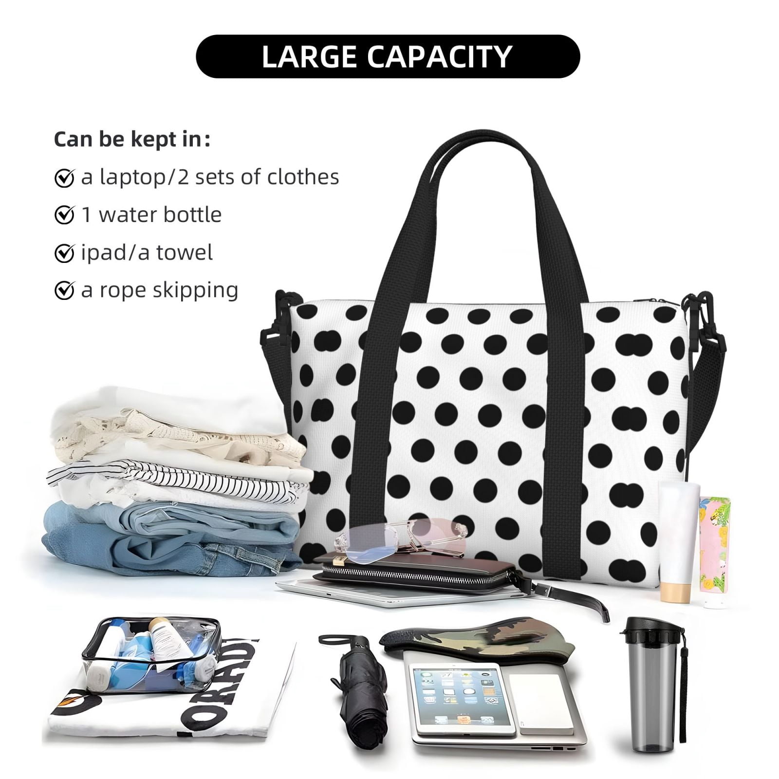 Travel Duffel Bag Black Polka Dot Pattern Sports Tote Gym Bag Shoulder Weekender Overnight Bag For Women Men
