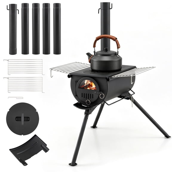 Gymax Hot Tent Stove Portable Wood Burning Camping Stove w/ Chimney Pipes Black