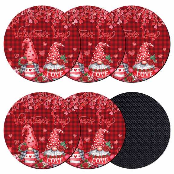 Valentine's Day Coasters Set of 6, Absorbent Coasters for Drinks, Gnomes Romantic Roses Red Plaid Coaster for Desk Coffee Table Protection, Home Decor House Warming Gifts 4"