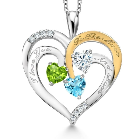 Gem Stone King Two Tone Green Peridot White Moissanite Swiss Blue Topaz `I love you to the moon and back` Engraved Pendant Necklace for Women (1.47 cttw, Heart Shape 5MM, 18 inch Chain)