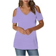 thumbnail image 2 of Women's Short Sleeve Cold Shoulder Basic Tee - Solid Color V-Neck Casual Top with Comfortable Loose Fit for Summer, Limited Time Off, 2 of 6