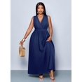 thumbnail image 5 of Plus Size Navy Blue Solid Cross Deep V-Neck A-Line Maxi Dress Loose Flowy Casual Everyday Wear, 5 of 7