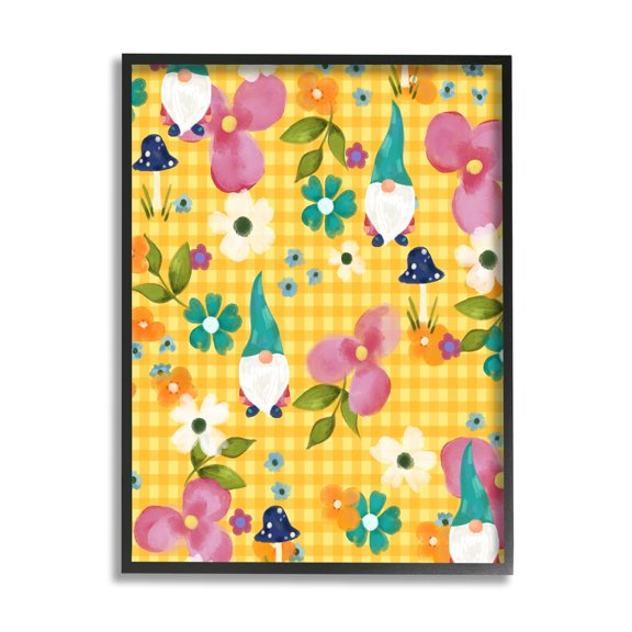 Stupell Industries Yellow Tartan Patterned Spring Gnomes Mushrooms Graphic Art Black Framed Art Print Wall Art, Design by Laura Konyndyk