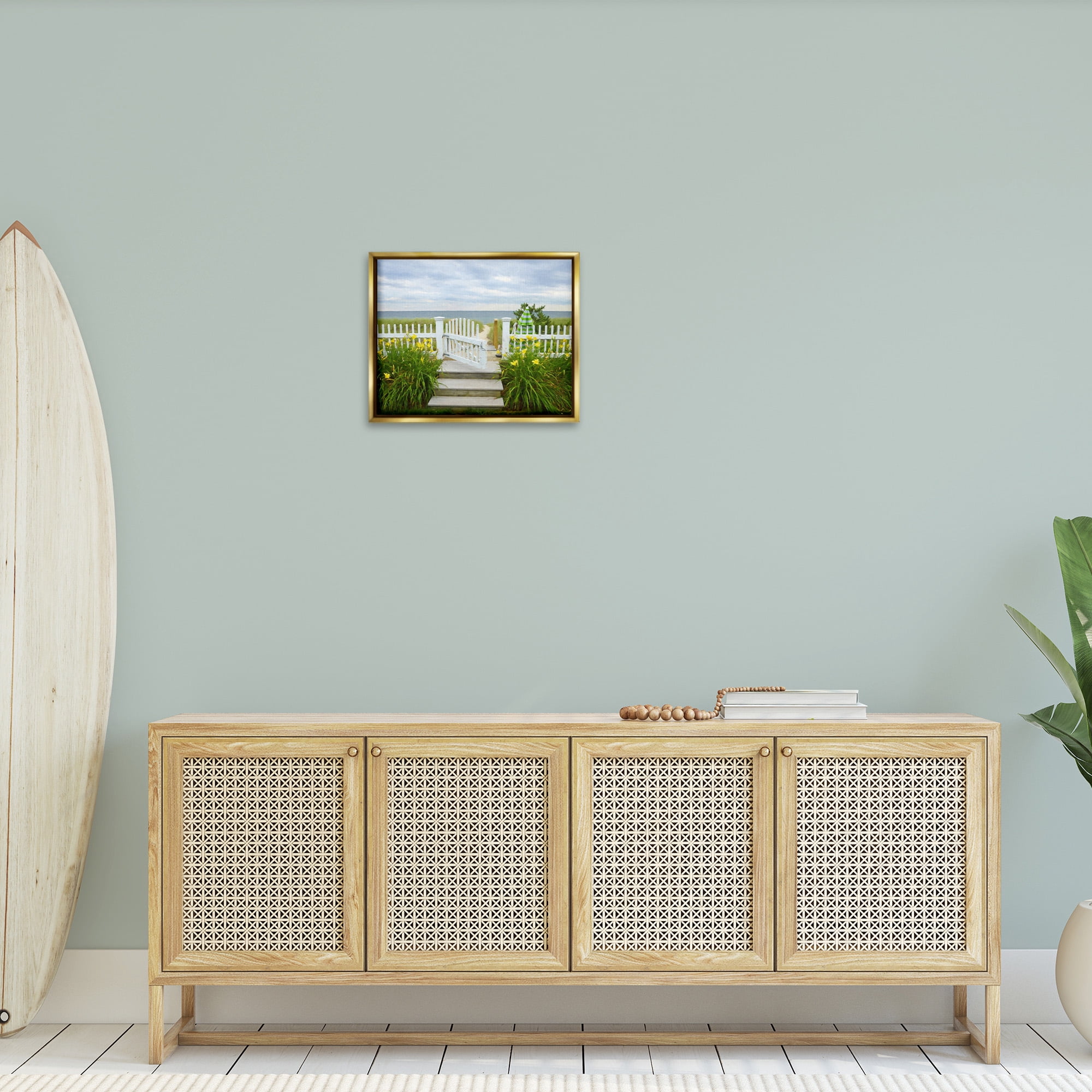 Stupell Industries Garden Path to Beach Landscape Photography Gold Floater Framed Canvas Art Print Wall Art, 21 x 17